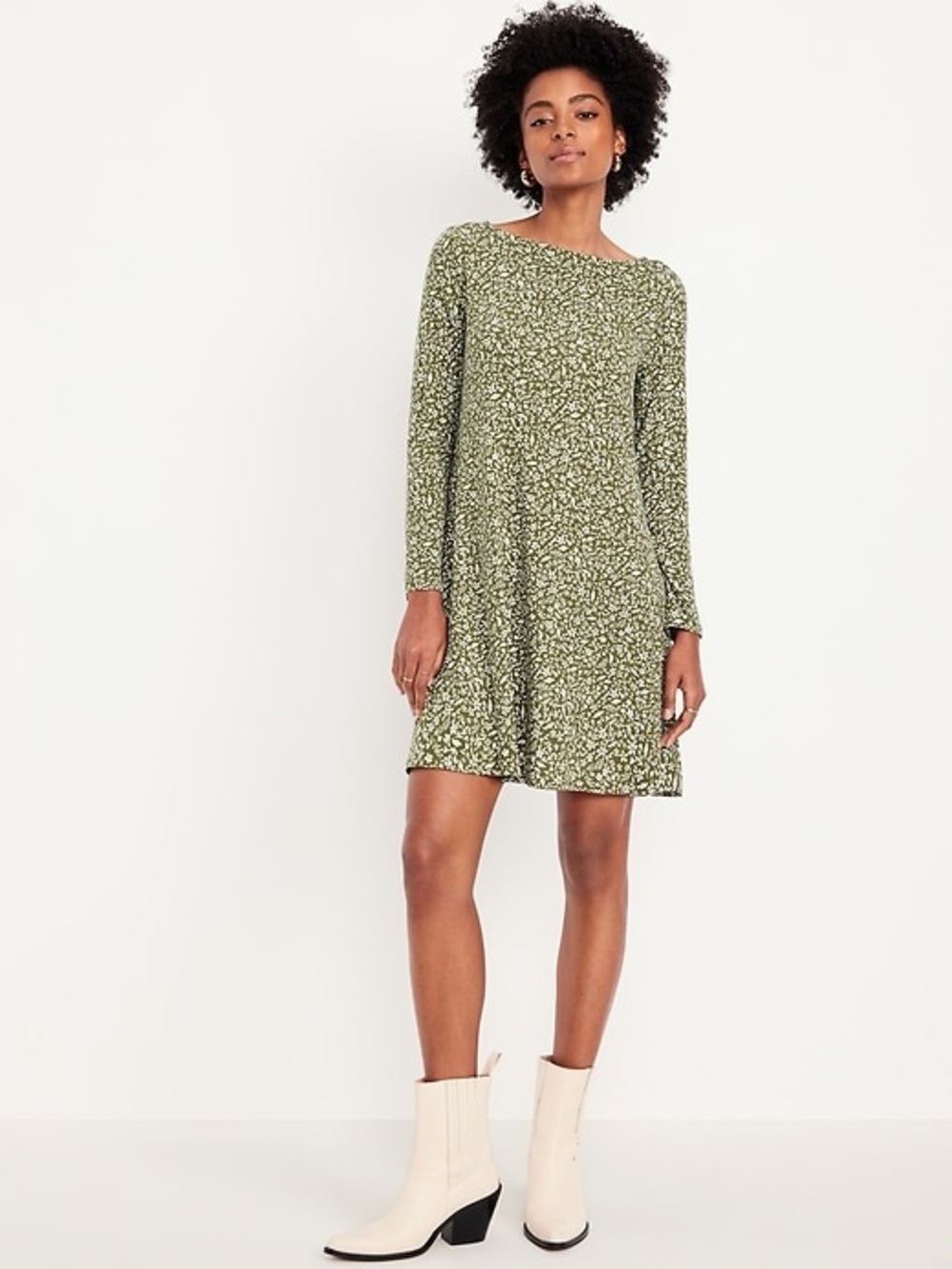 Old Navy Long-Sleeve Mini Swing Dress | Green Floral | Size M